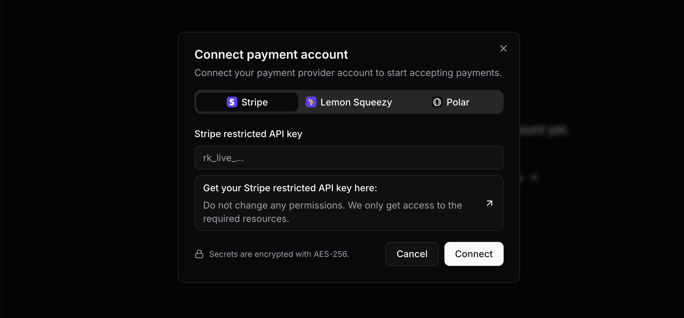 Payment accounts page showing the connect account form