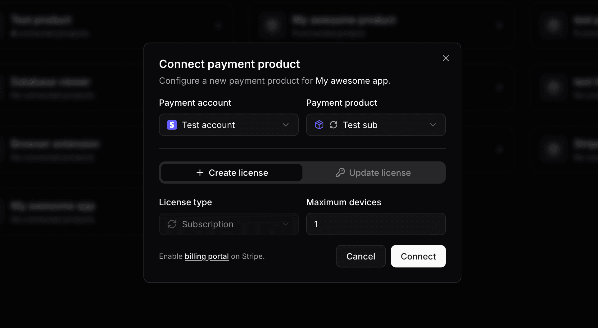 Payment products page showing the connect product form for a subscription