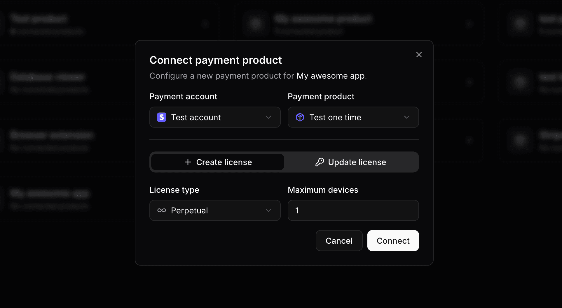 Payment products page showing the connect product form