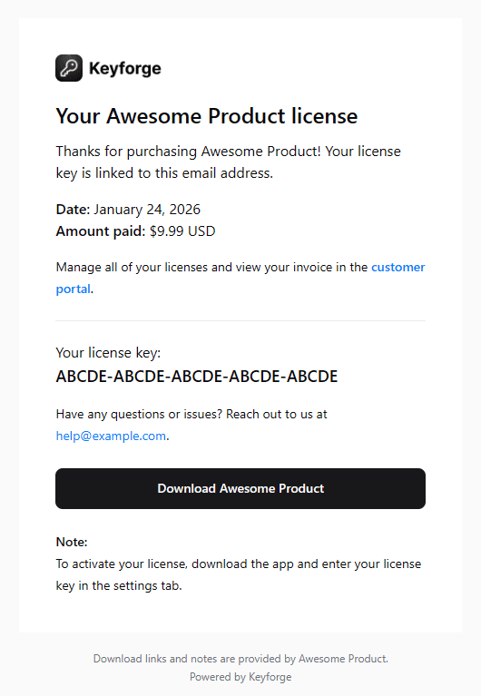 Purchase email sent to a customer with their license key