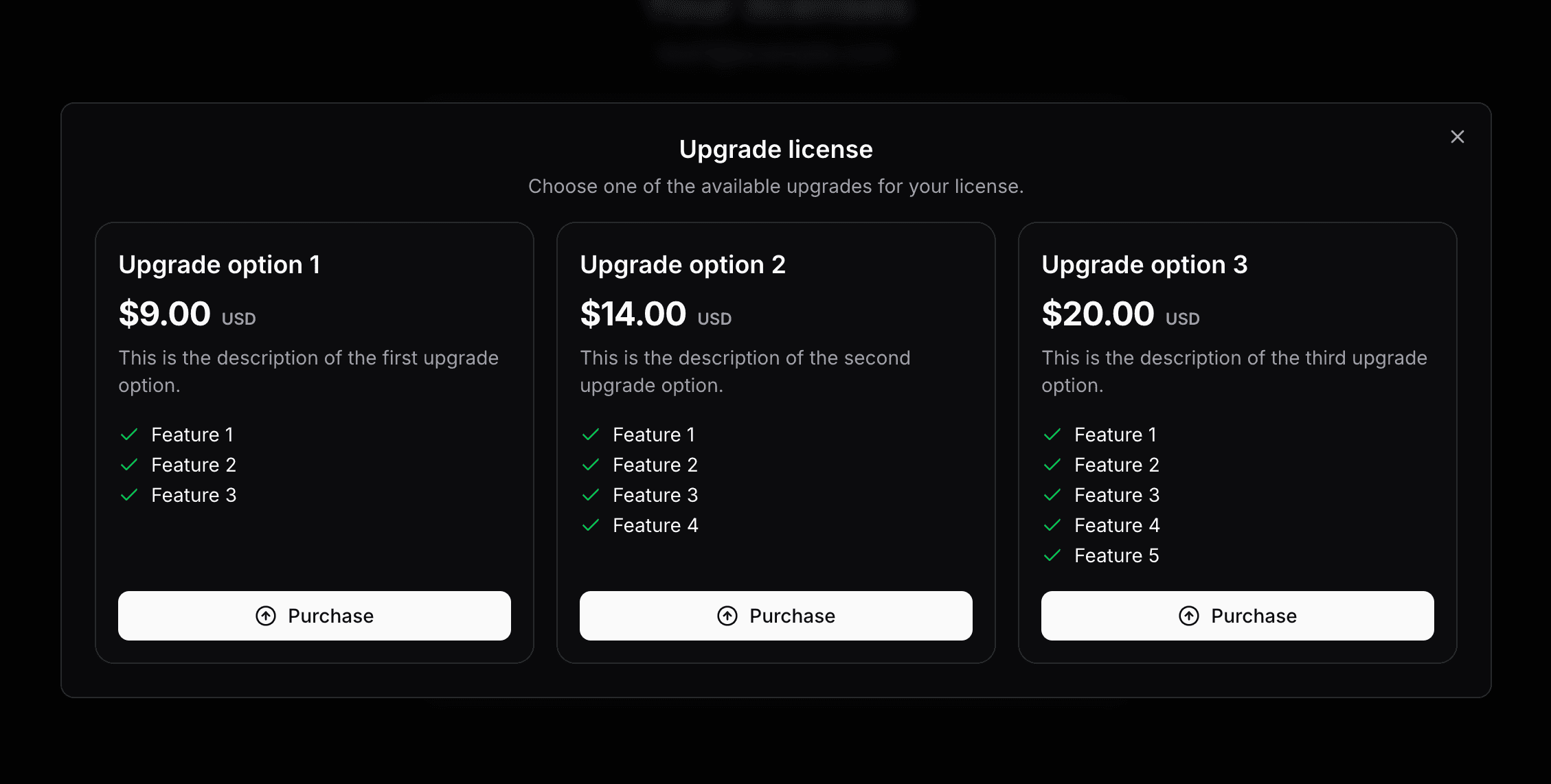 Customer portal showing upgrade options for a license