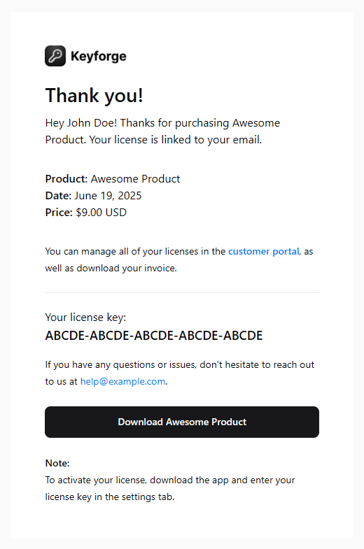 Purchase email example with license key