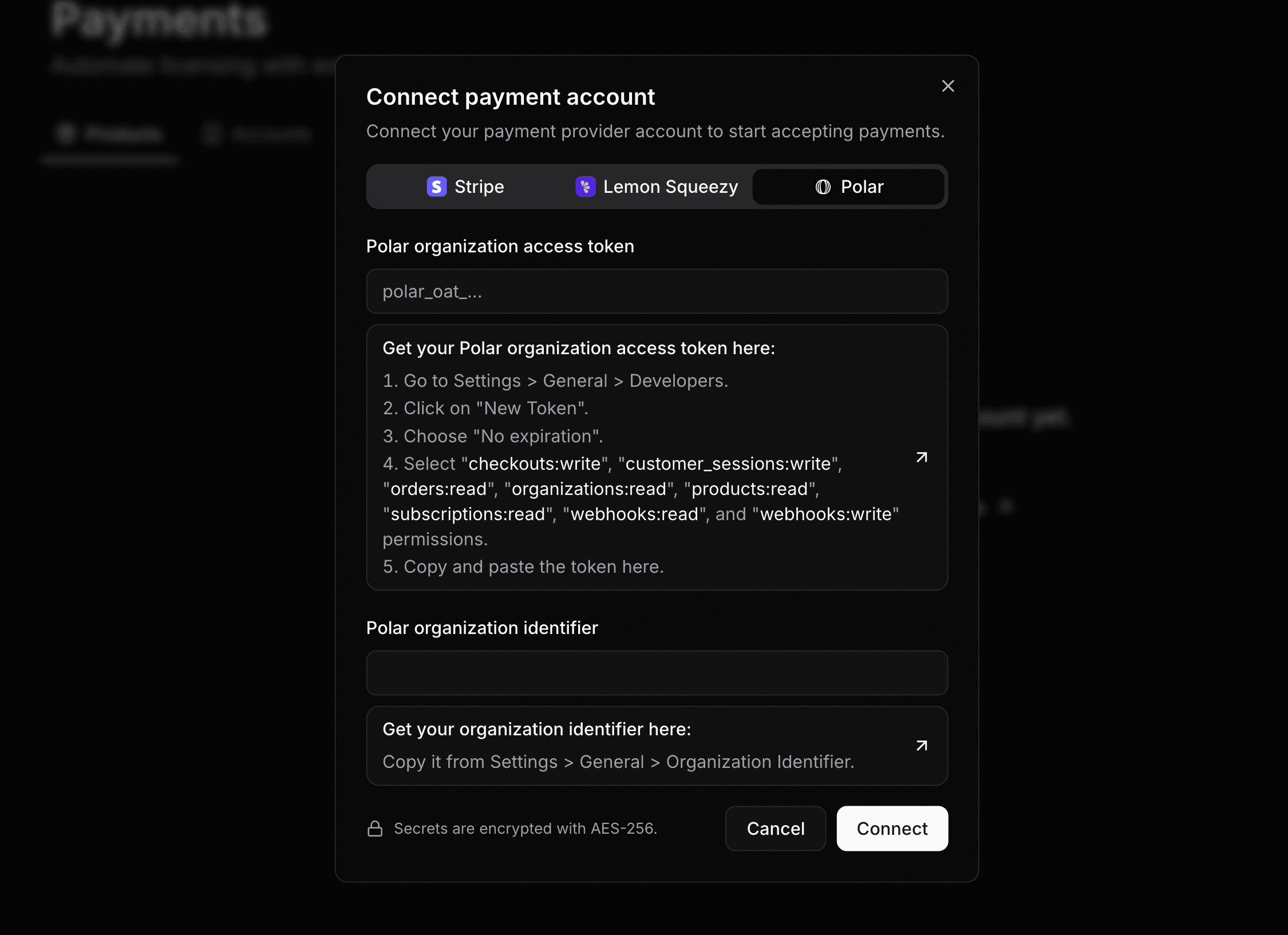 Payment accounts page showing the connect account form