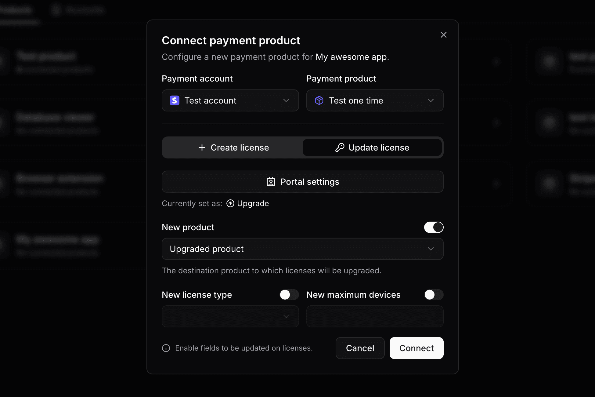 Payment products page showing the connect product form with license upgrades