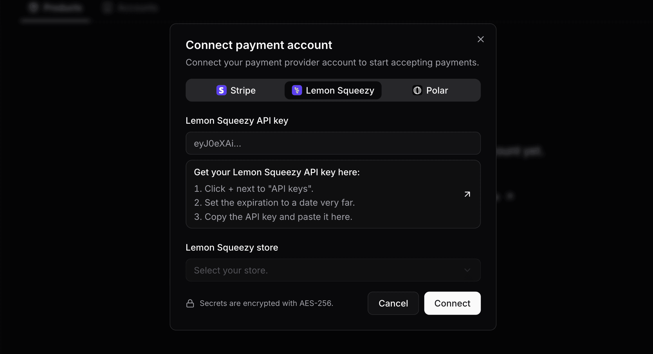 Payment accounts page showing the connect account form
